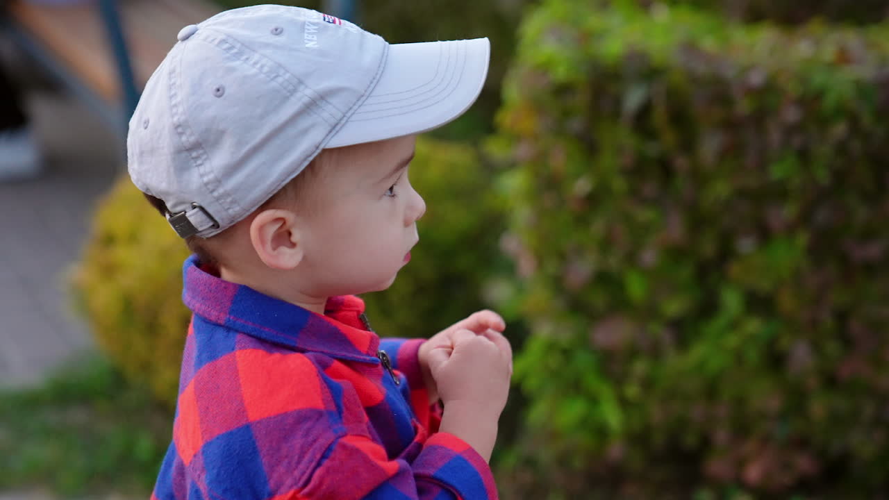 Little boy in checkered shirt and cap stands outdoors near the green bush. Cropped image of a kid side view.