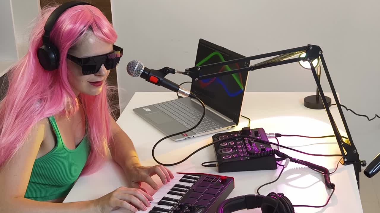 mujer grabando música en un estudio casero