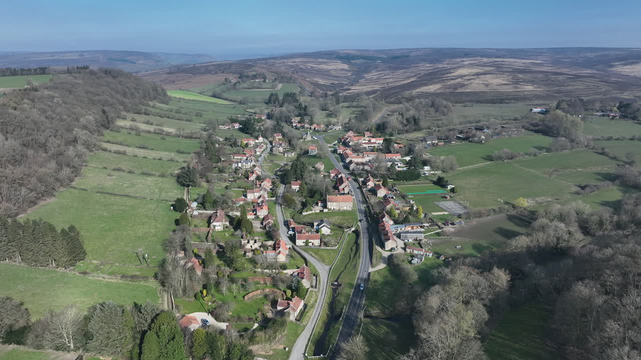 Hutton Le Hole Aerial Footage, North York moors National Park, Push Towards Village and Pan Down