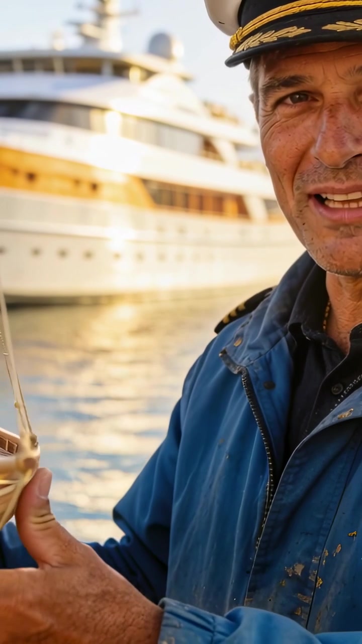 Vertical video: Filming captain hat navy jacket showing sail model about yacht at dock, copy space