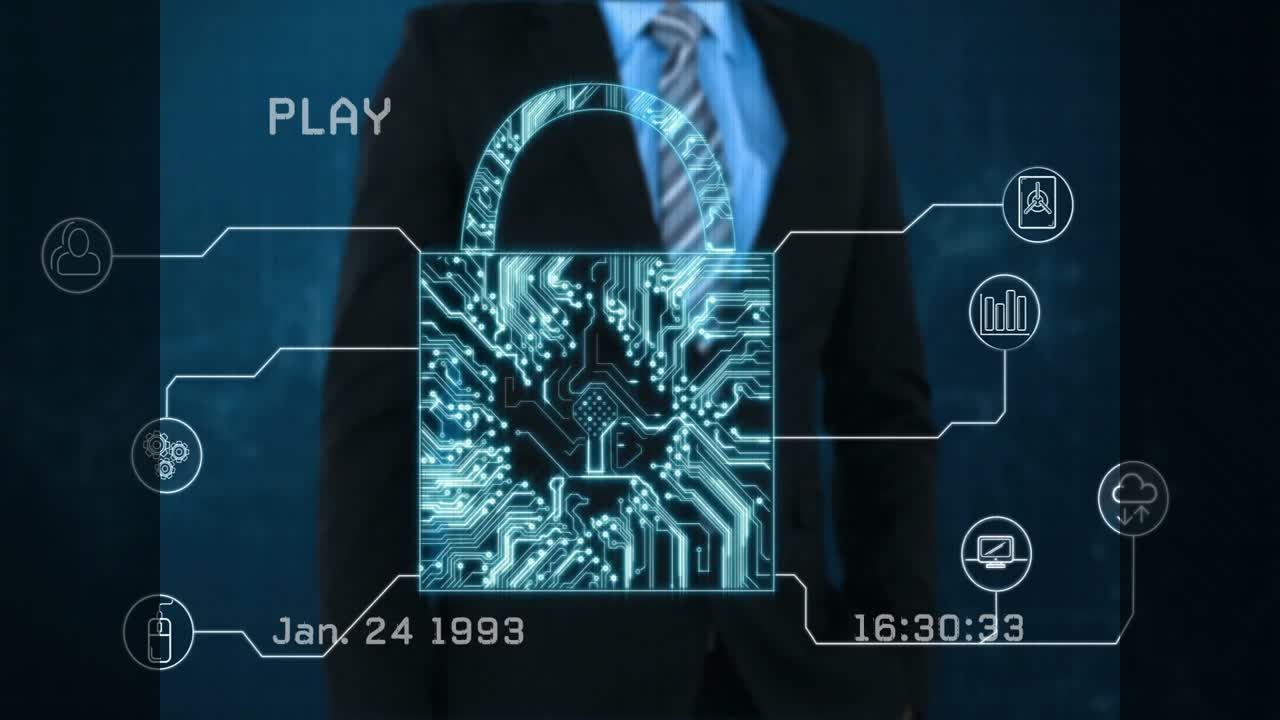 Technology professional raising finger and encrypting data with glowing padlock circuit and icons