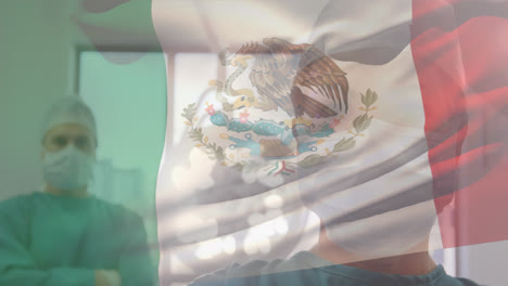 animation of flag of mexico waving over surgeons in operating theatre