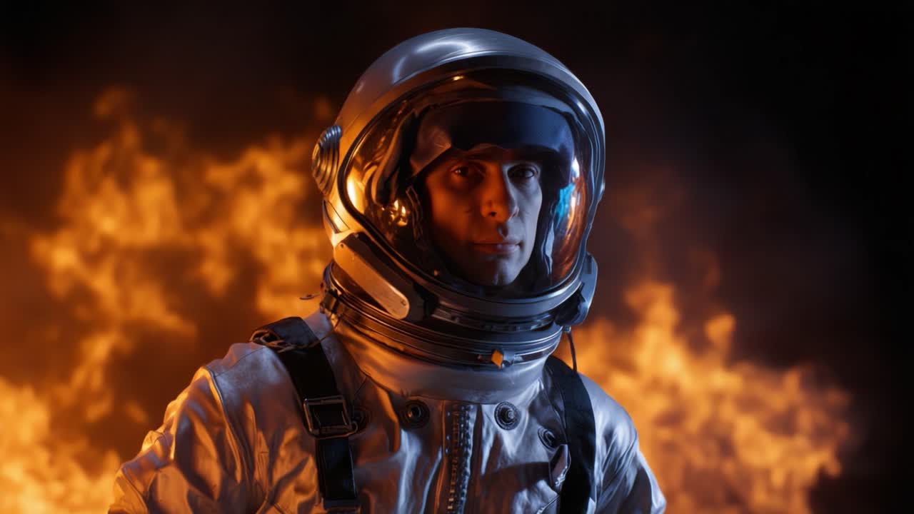 En uforfærdet astronaut står modigt foran en dramatisk baggrund af flammer, hvilket udtrykker modet og udforskningsånden i mødet med fare og usikkerhed.