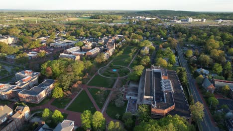 High-drone-shot-University-of-Delaware-reverse-flyaway-spring-golden-hour