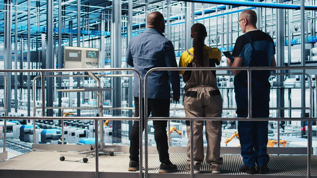 Manager on industrial platform overseeing industry 4.0 photovoltaics plant