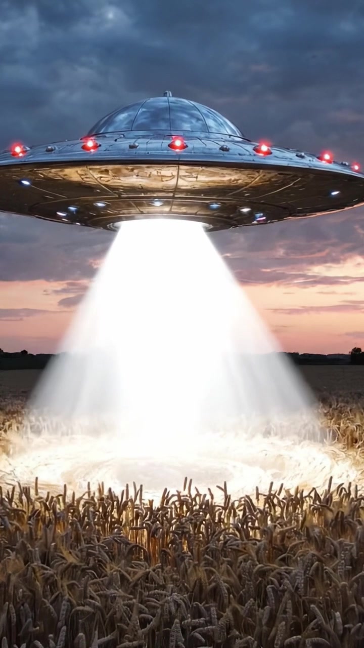 UFO misterioso che scende su un campo di grano dorato al crepuscolo, illuminando i dintorni con un fascio di luce brillante sotto un cielo nuvoloso drammatico