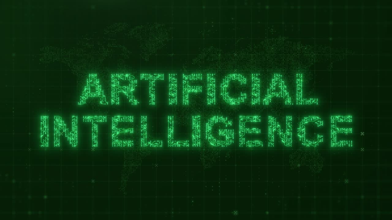 Testo sull'Intelligenza Artificiale con Linee di Circuito Luminose e Sfondo Mappa del Mondo