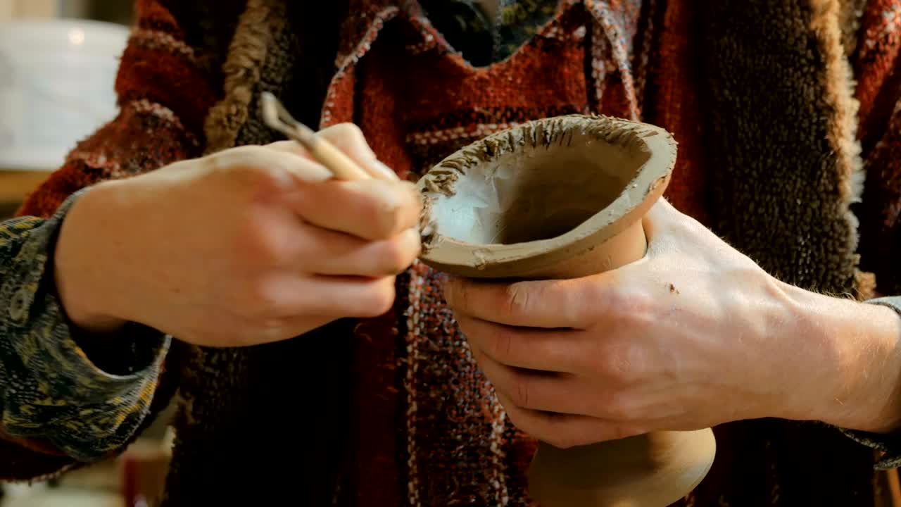 alfarero profesional tallando parte de un jarrón con una herramienta especial en un taller de cerámica
