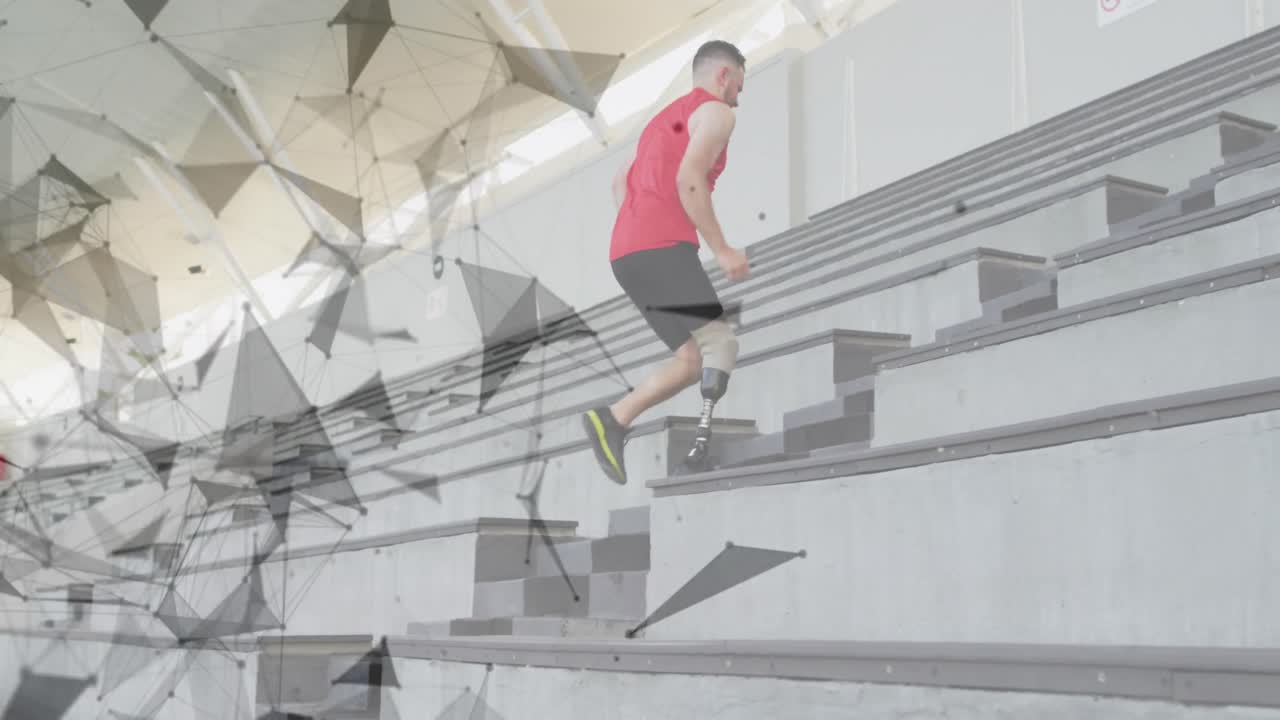 인공 다리를 가진 백인 남자가 계단을 올라 달리는 연결 네트워크의 애니메이션