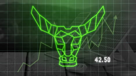 contorno de cabeza de toro y animación de datos del mercado de valores sobre el fondo del gráfico financiero