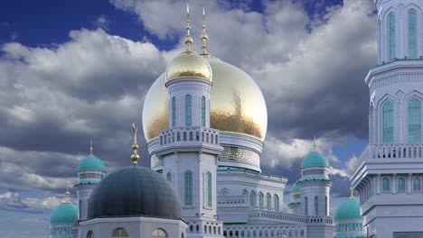 moscow cathedral mosque against the moving clouds, russia -- the main mosque in moscow, new landmark