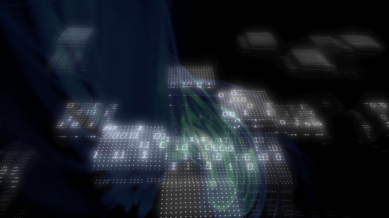Digital data and binary code animation over abstract dark background