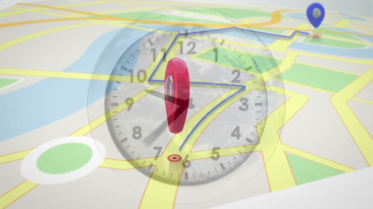 Animation of clock overlaying map with route, showing time and navigation