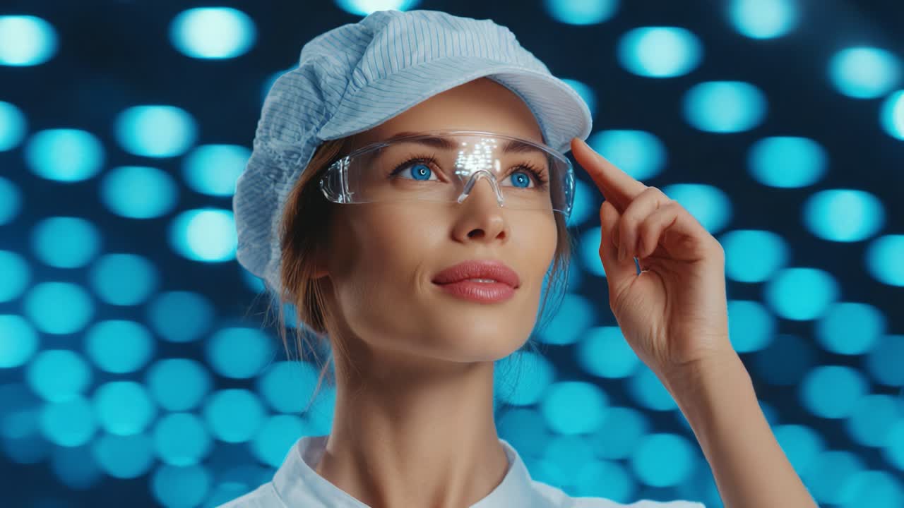 A Confident Young Woman in Safety Glasses and a Cap Poses With a Focused Expression Against a Beautifully Blurred Blue Bokeh Background, Radiating Positivity and Professionalism