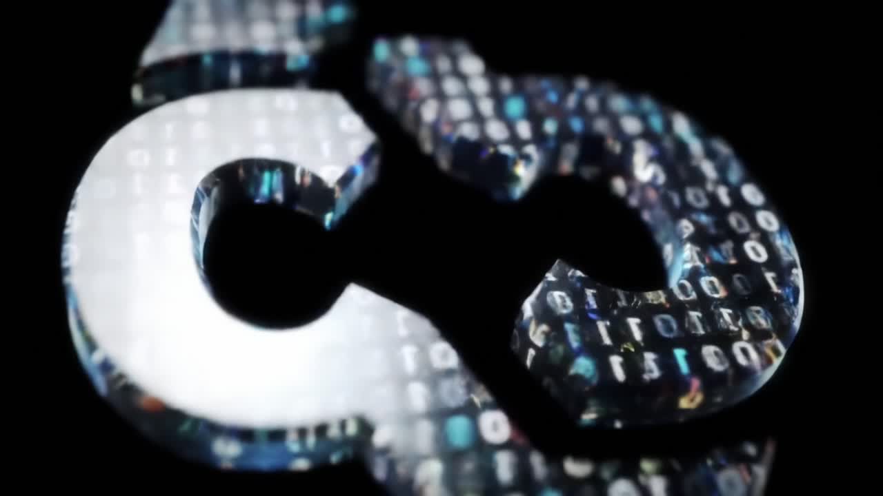 A Close-Up Exploration of a Dynamic Digital Symbol Representing Technology, Data, and Innovation, Merging Binary Patterns with a Futuristic Aesthetic