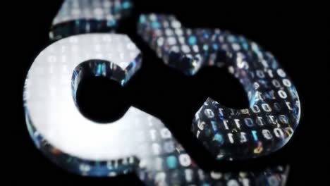 a close-up exploration of a dynamic digital symbol representing technology, data, and innovation, merging binary patterns with a futuristic aesthetic