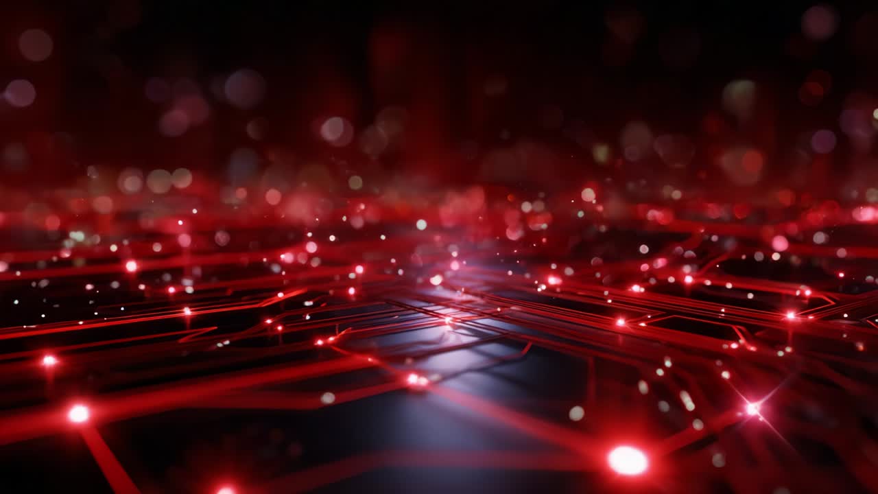 A Stunning Visual Journey Through a Complex Network of Glowing Red Circuits, Capturing the Intricate Patterns and Sparkling Lights That Emanate from a Digital Urban Landscape, Evoking a Sense of Depth and Technology