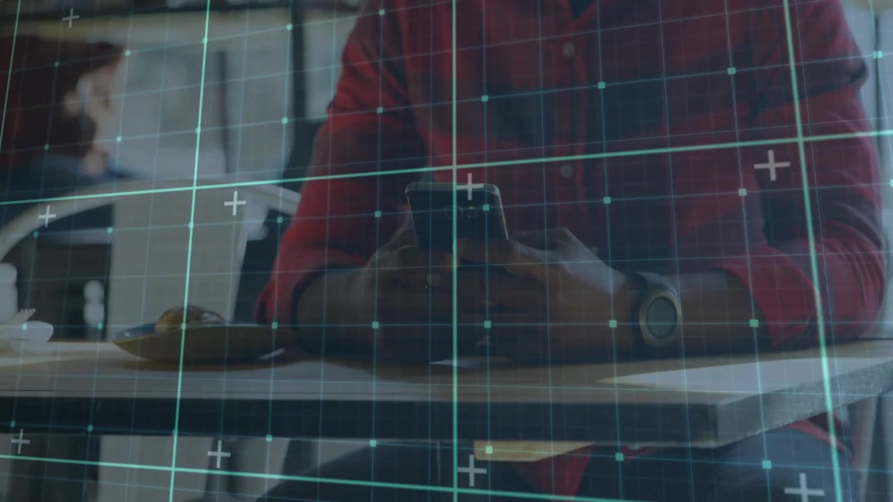 Man tapping smartphone and initiating AR HUD scanning over cafe table, checking messages