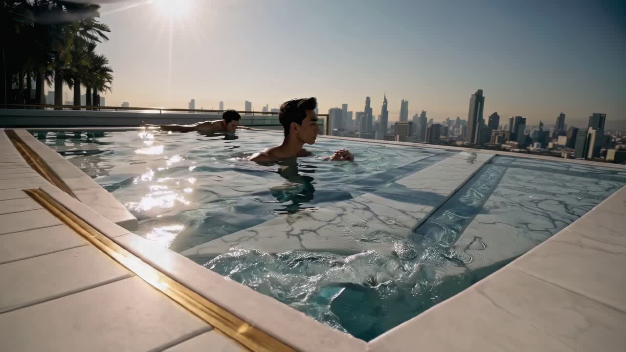 hombres relajándose en la piscina de la azotea con vista a la ciudad