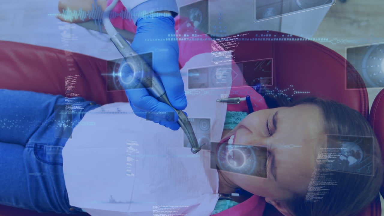 animación del procesamiento de datos sobre la niña en la silla del dentista