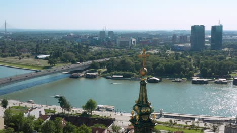 Aerial-view-around-the-cross-on-top-of-the-St-Michael's-Cathedral-in-Belgrade