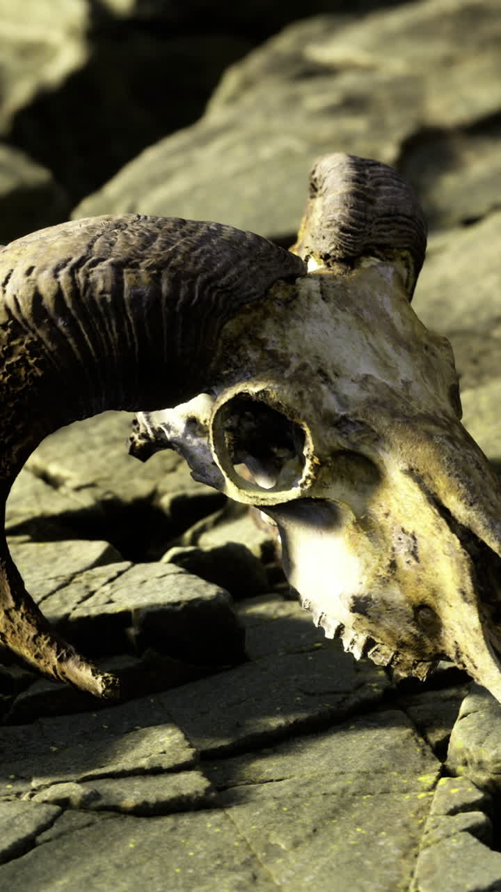 Exploring an ancient ram skull under the warm sunlight on rocky terrain
