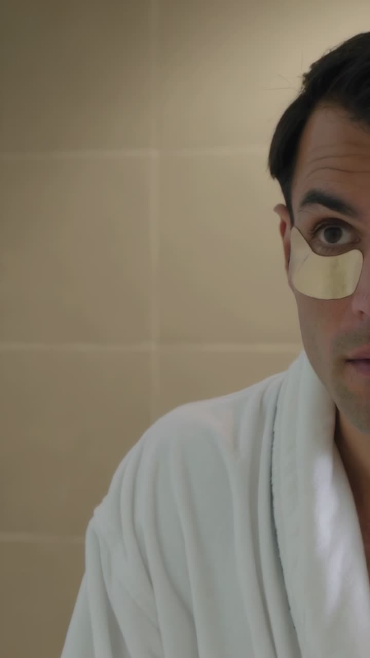 Vertical video: Holding patch at bathroom mirror, man in bathrobe applying eye patches for eye care