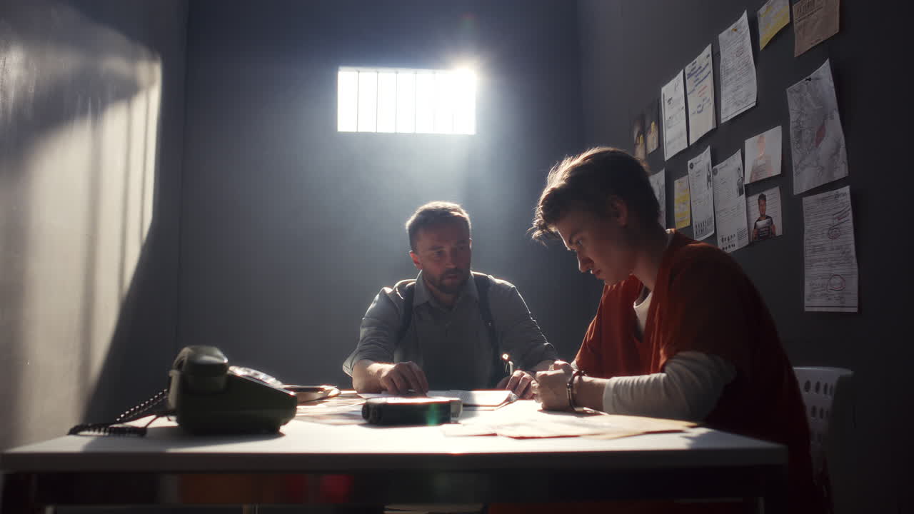 Police Officer Interrogating Handcuffed Female Inmate in Prison Room