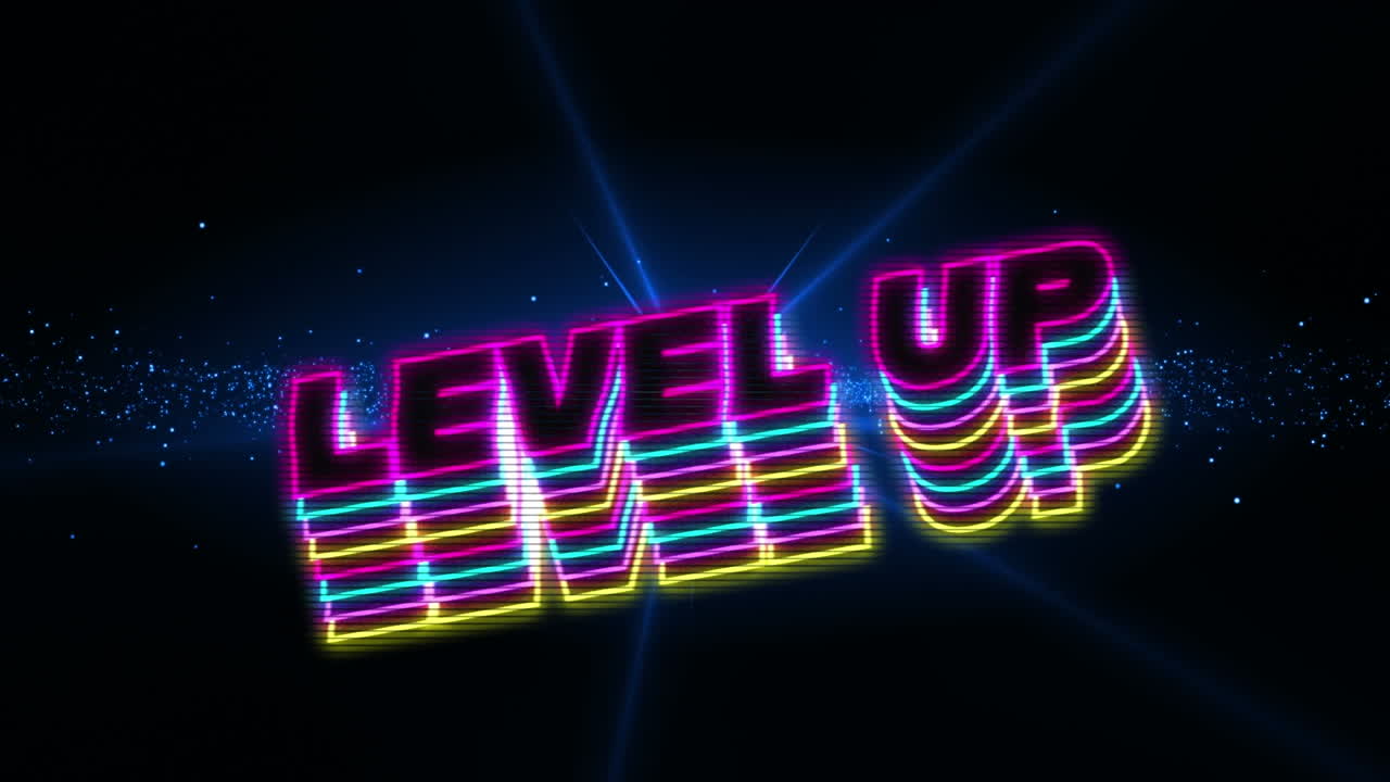 Animation of neon level up text banner with shadow effect against blue light spot and particles