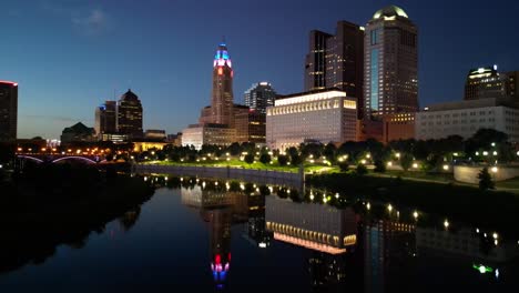 Aerial-Wide-Cityscape---Columbus,-Ohio---Dusk---Side-Track