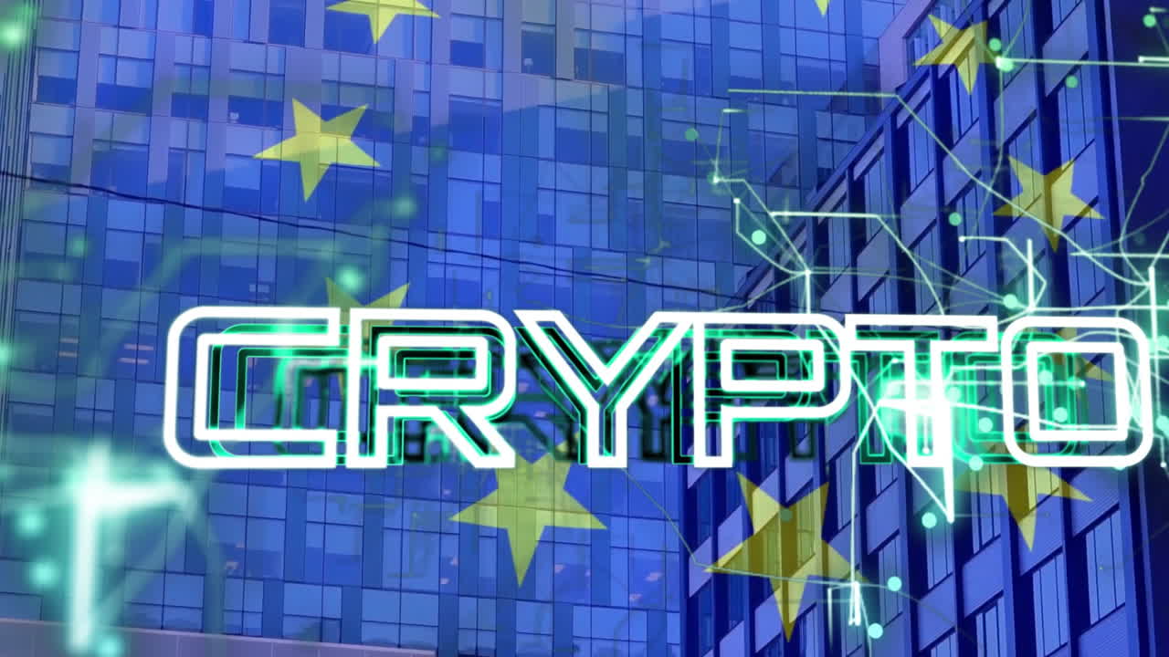 CRYPTO text animation over European Union stars and modern building background