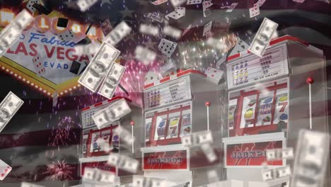 animación de billetes de dólares estadounidenses que caen sobre el casino de las vegas con máquinas de frutas