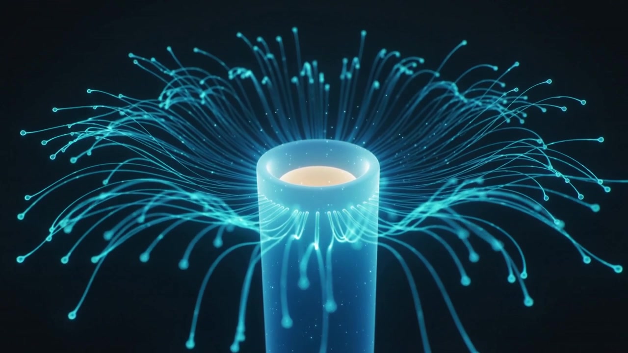 Ring forming at rim in void causing cylinder casting cyan threads and drops, revealing amber core