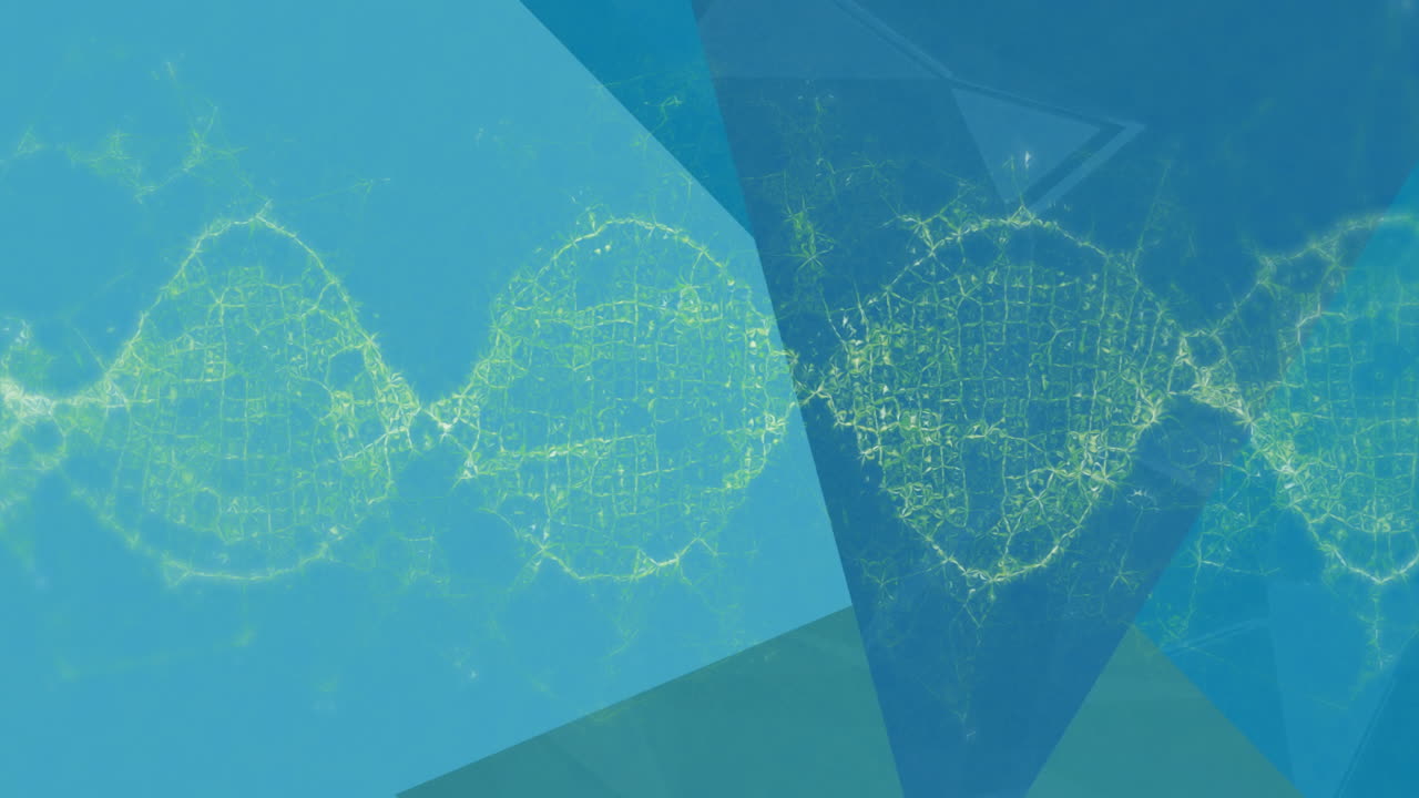 Animation of DNA strand with glowing connections over geometric blue background