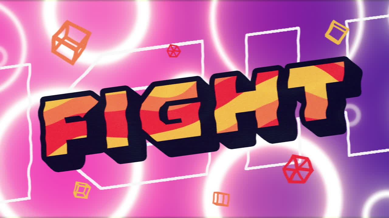 보라색 배경에 네온 패턴 위에 싸움 텍스트의 애니메이션