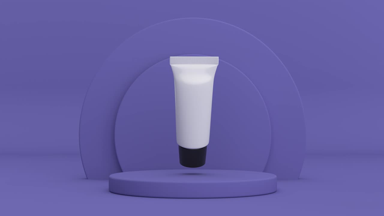 video de resolución 4k: tubo de crema cosmética blanco en blanco con espacio vacío para su diseño girando sobre productos de cilindros muy peri violeta pedestal de escenario en un animo de bucle de fondo violeta muy peri