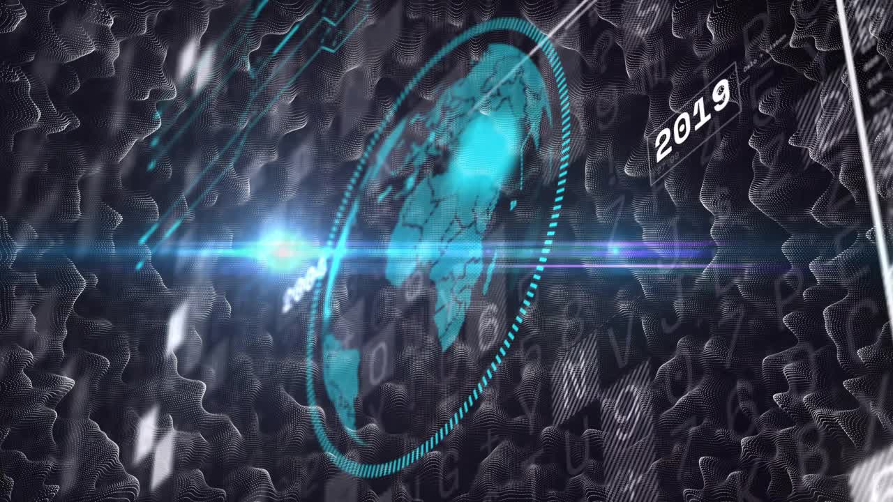 Animation of digital globe with 2019 text and futuristic data visualization elements