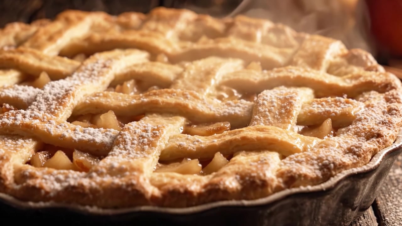 A Deliciously Golden Brown Apple Pie with a Perfect Lattice Crust, Dusting of Powdered Sugar, and Juicy Filling Ready to Be Served and Enjoyed