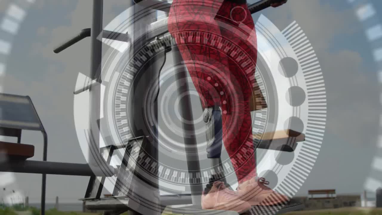 프로테시 다리를 가진 여성 장애인 운동 선수가 배경으로 운동하는 데이터 처리 애니메이션