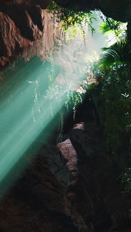 sunlight streaming through a cave in a lush green forest