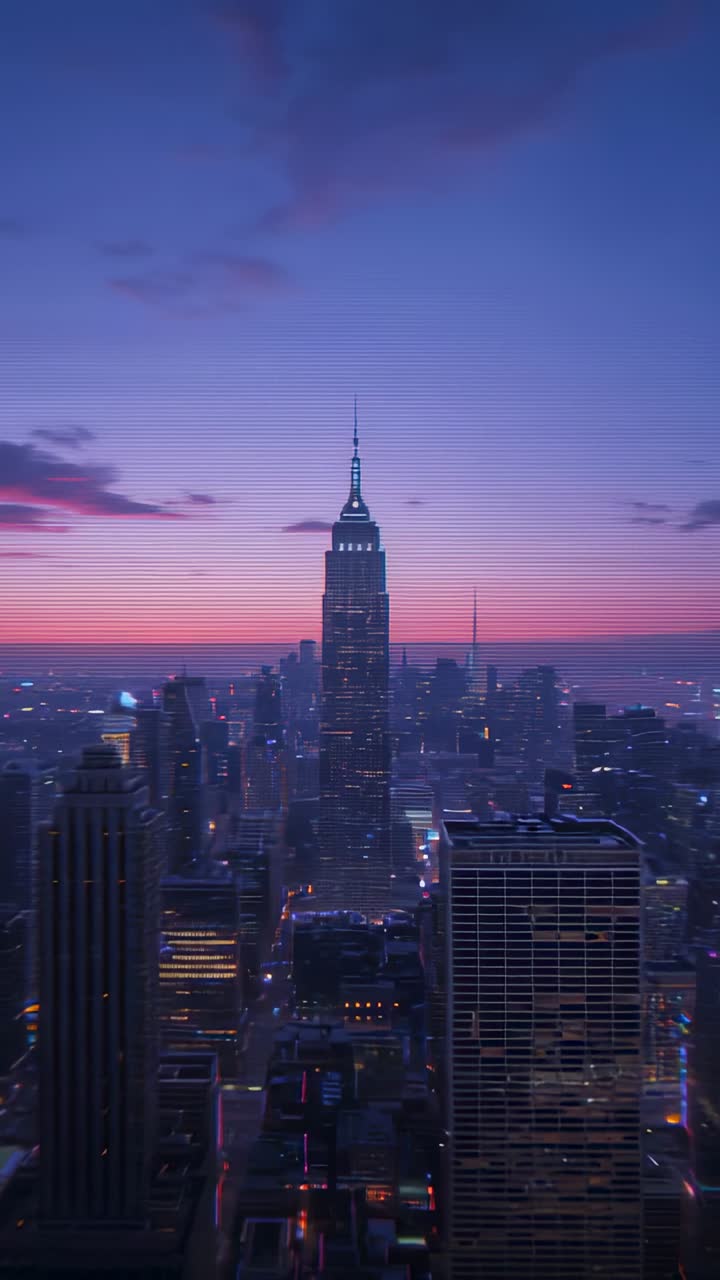 Vertical video: Dusk settling, midtown lights glowing as Empire State Building towering over grid