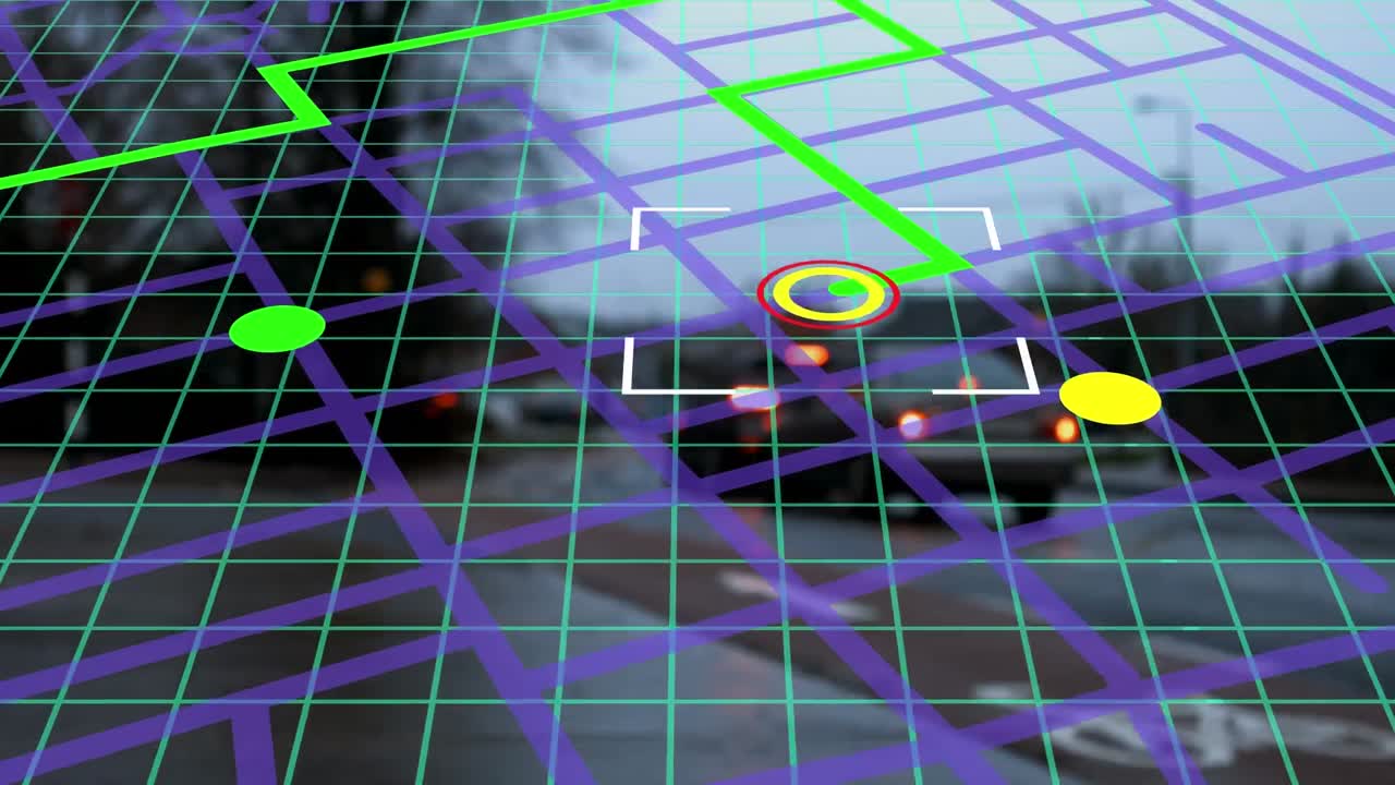 ámbito de aplicación del esquema de líneas del mapa de navegación frente al tráfico nocturno de la ciudad en el fondo