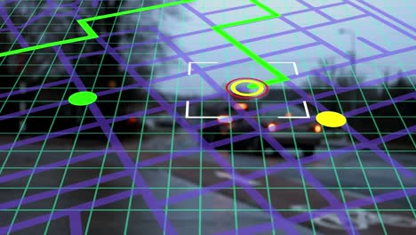 ámbito de aplicación del esquema de líneas del mapa de navegación frente al tráfico nocturno de la ciudad en el fondo