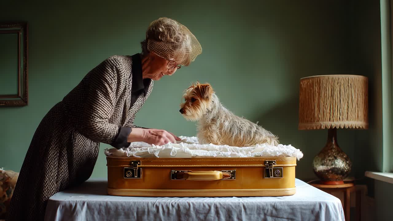 In a nostalgic setting, a woman adorned in vintage attire tenderly engages with a small dog placed inside a decorative suitcase, evoking warmth and companionship in a quaint atmosphere