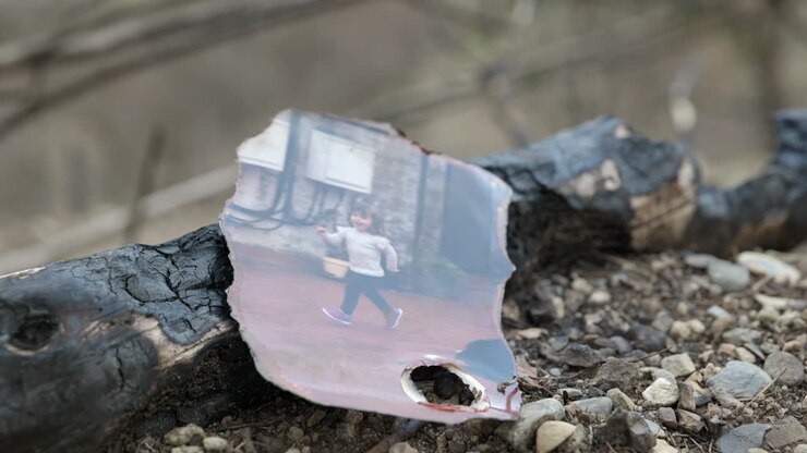 Burned photo laying beside burned log