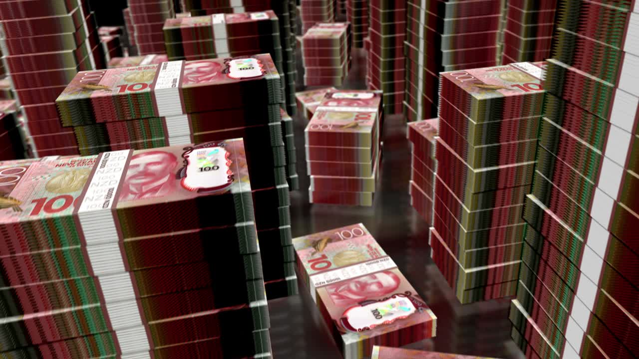 3d 비행을 통해 뉴질랜드 달러 돈 지폐 패크 루프 애니메이션