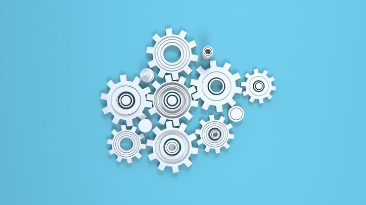Technology concept - 3d cogs and gears animation on blue background.