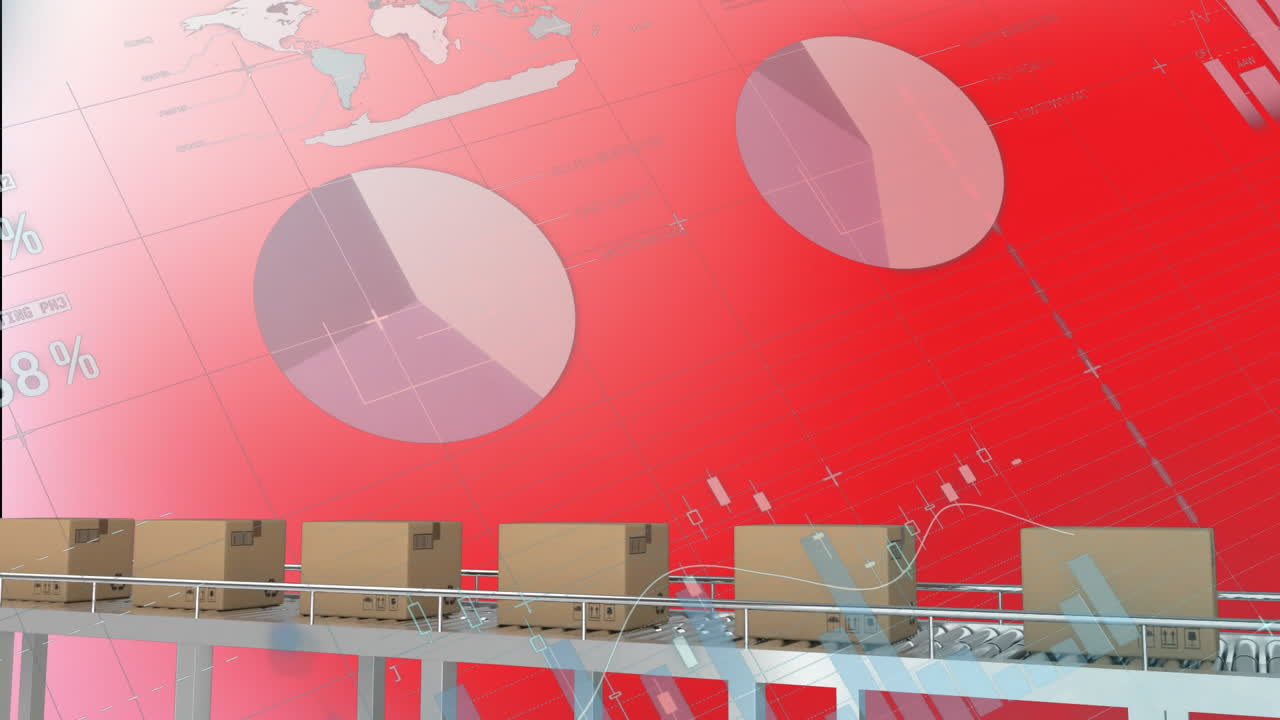 컨베이어 벨트에 있는 카드보드 상자 위에서 금융 데이터 처리의 애니메이션