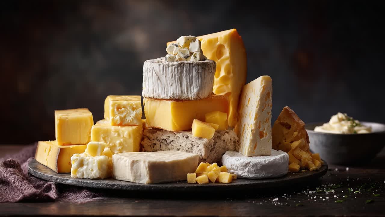 An Exquisite Display of Artisanal Cheeses Showcasing Various Textures, Colors, and Flavors on a Rustic Surface for Gourmet Appreciation