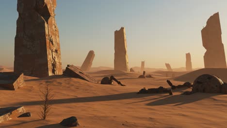 A Mystical Desert Landscape Featuring Ancient Rock Formations Surrounded by Sand Dunes Under a Serene Sky, Evoking a Sense of Timelessness and Mystery